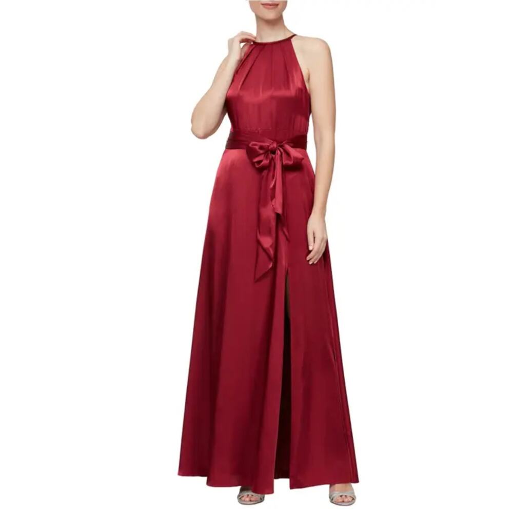 Alex Evenings Satin A-Line Halter Long Evening Gown Red Size 12 Formal Dress